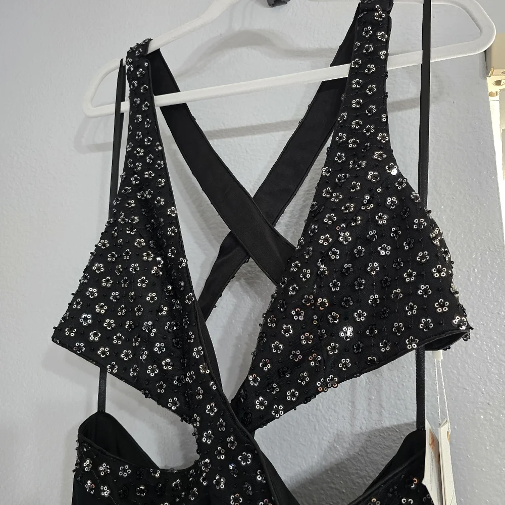 Mac Duggal Cut Out Criss Cross Black Beaded Dress Size 12. Style Code 68166. Nwt - Picture 5 of 9